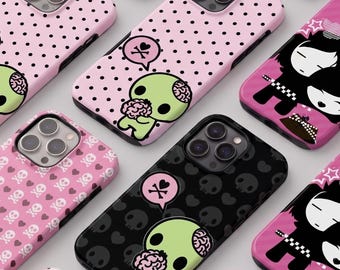 Y2k Kawaii Em0 Z0mb1e Phone Case Phone Case, Pink Black Polka Dot Skull Pattern Protective Cover For iPhone and Samsung