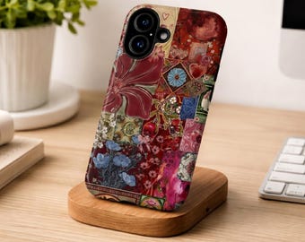Vintage Tiled Botanical Phone Case, Vintage Boho Patchwork Floral Case, Pomegranate & Floral Tile, Vintage Aesthetic Phone Cover, Waterproof