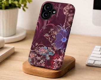 Whimsical Grunge Floral Phone Case, Moody Blue & Burgundy Aesthetic Tough Case Botanical Skull, Cross Phone Cover, Dark Garden Gothic Vibe