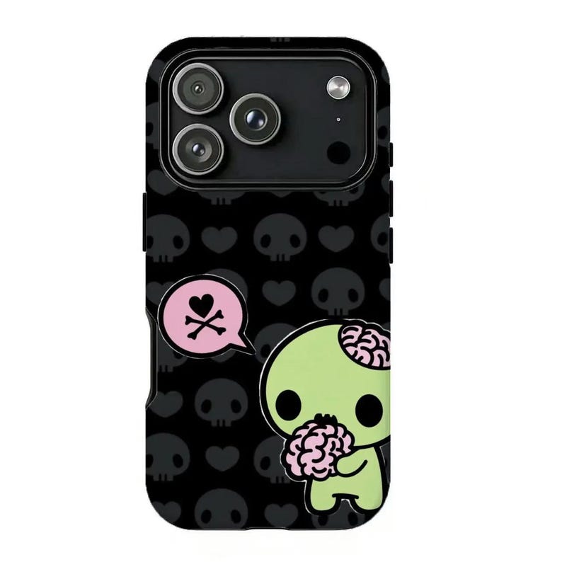 May include: Black phone case with a repeating skull and heart pattern. Features a cartoon zombie character holding a brain, with a pink speech bubble containing a skull and crossbones symbol.