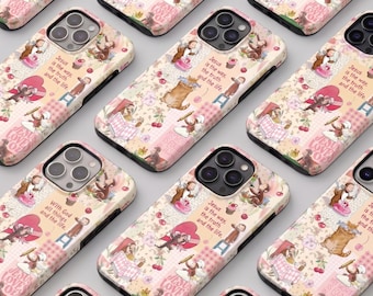 Coquette Pink Curious George Phone Case – Cottagecore Cherry & Cat | Christian Bible Verse Tough Case Inspirational Scripture, Jesus Case