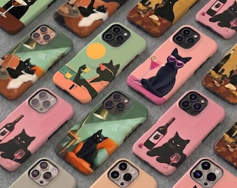 Black Cat Cocktail Phone Case - Retro Lounge Bar Aesthetic, Black Cat Smokin, Tough Shell for iPhone 17/16/15/14/13/12 and Samsung