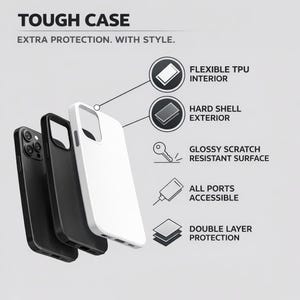 May include: Image of three phone cases: black, white, and black. The white case is in front, with the others behind it. Text reads "TOUGH CASE" and "EXTRA PROTECTION. WITH STYLE." Features include flexible TPU interior, hard shell exterior, glossy scratch-resistant surface, accessible ports, and double-layer protection.