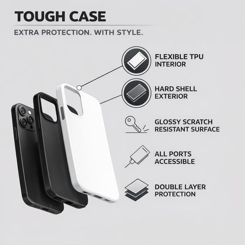 May include: Image of three phone cases: black, white, and black. The white case is in front, with the others behind it. Text reads "TOUGH CASE" and "EXTRA PROTECTION. WITH STYLE." Features include flexible TPU interior, hard shell exterior, glossy scratch-resistant surface, accessible ports, and double-layer protection.