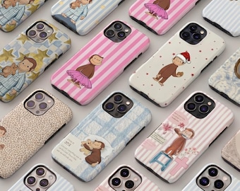 8 Colors Curious George Monkey Double Layer Tough Case, Cute Vibes, Compatible for IPhone 17, 16, 15, 11, X, 7/8, and Samsung