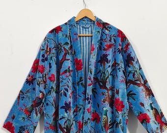 Cotton Velvet Kimono Robe, Floral Bird Print, Bohemian Loungewear