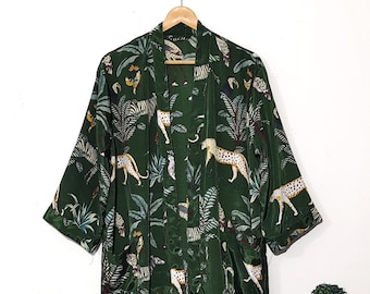 Jungle Print Silk Kimono Robe for Women, Bridal Robe, Boho Wedding Robe, Long Lounge Robe with Pockets, Honeymoon Gift, Bridesmaid gifts