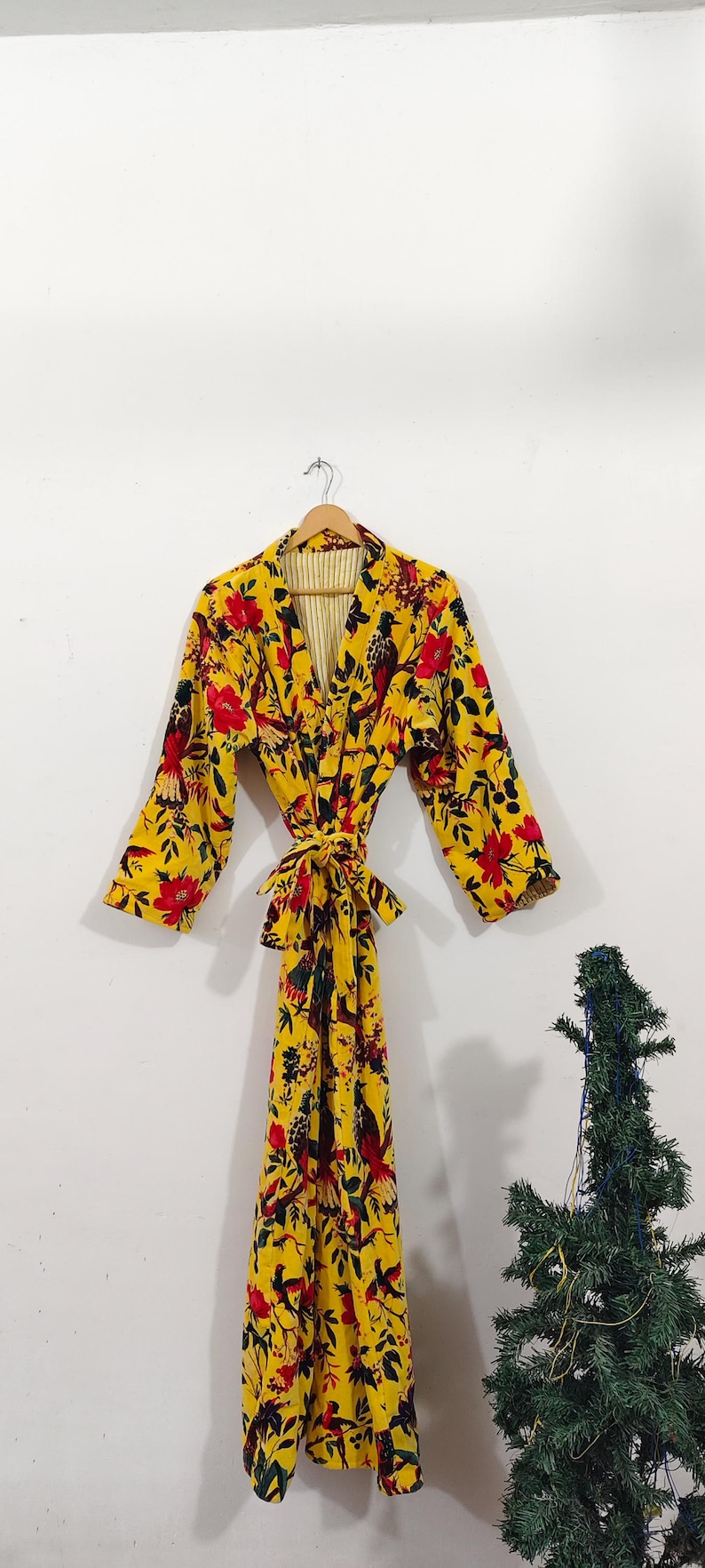 Luxury Velvet House Robe, velvet cotton Kimono Robe, Dressing Gown,wedding robe Bridesmaid winter bathrobe women men gift reversible jacket yellow birds