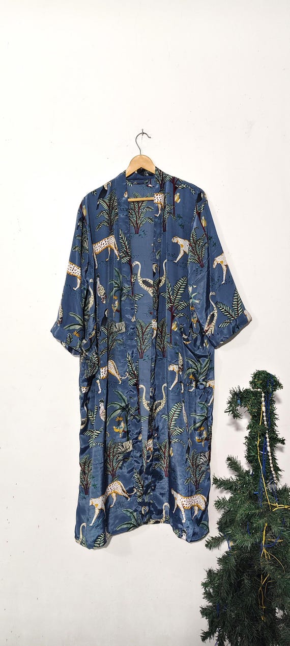 Jungle Print Silk Kimono Robe for Women,Luxury Bridal Robe, Boho Wedding Robe, Long Lounge Robe with Pockets,Honeymoon Gift, Bridesmaid Robe