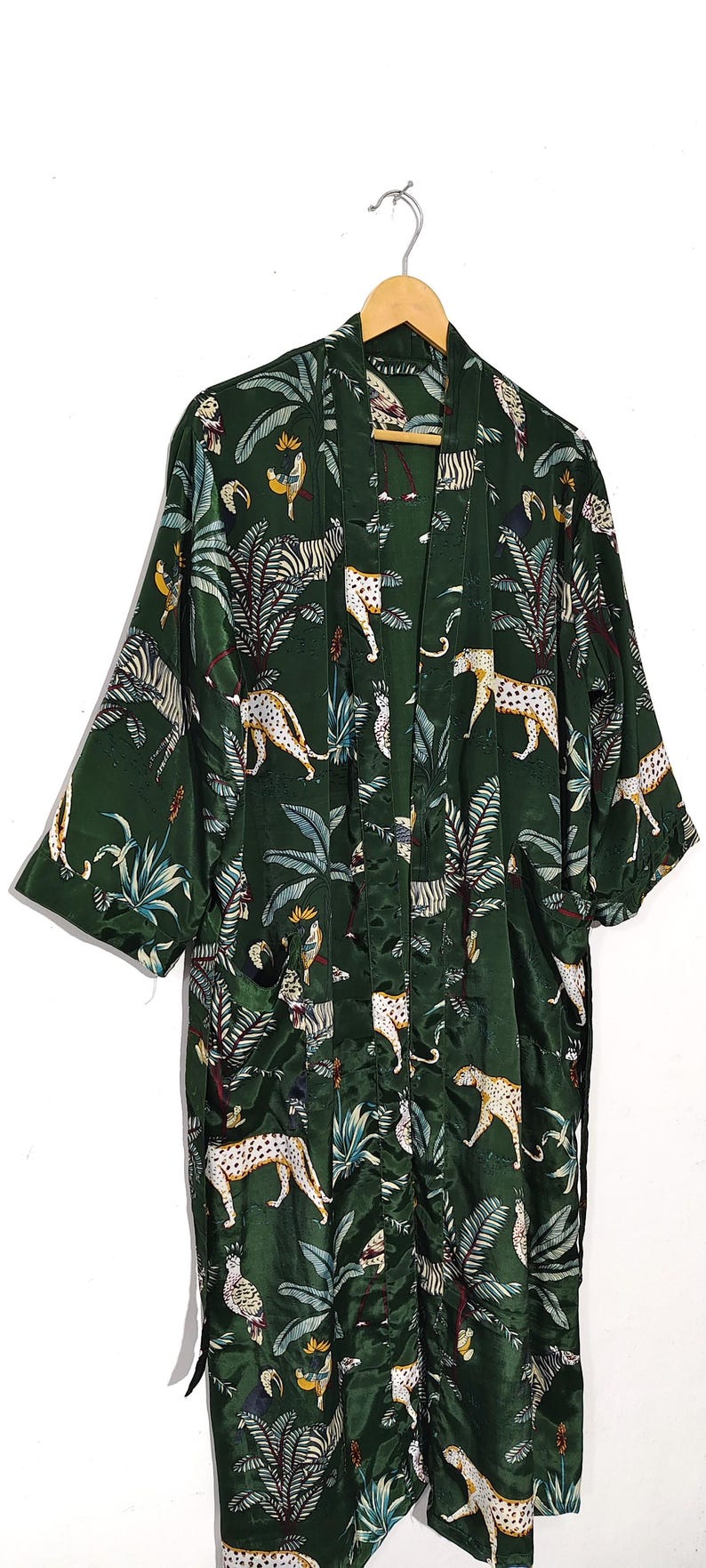 Jungle Print Silk Kimono Robe for Women,Luxury Bridal Robe, Boho Wedding Robe, Long Lounge Robe with Pockets,Honeymoon Gift, Bridesmaid Robe image 10