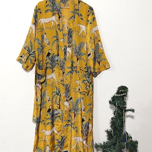 Jungle Print Silk Kimono Robe for Women,Luxury Bridal Robe, Boho Wedding Robe, Long Lounge Robe with Pockets,Honeymoon Gift, Bridesmaid Robe Yellow