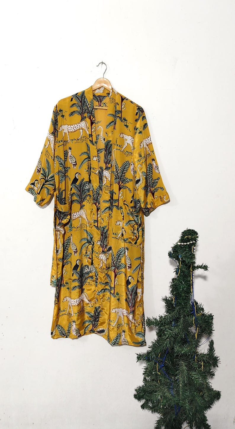 Jungle Print Silk Kimono Robe for Women,Luxury Bridal Robe, Boho Wedding Robe, Long Lounge Robe with Pockets,Honeymoon Gift, Bridesmaid Robe Yellow