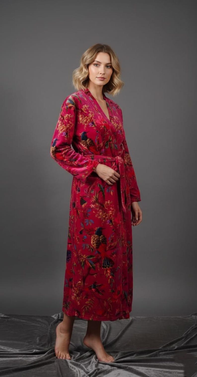 Red Flower Robe Velvet Bridal Robe for Women, Long Kimono Robe, Luxury Velvet Nightgown ...