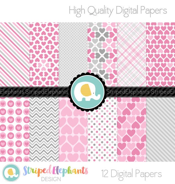 Pink And Gray Heart Digital Paper Pack Pink Hearts Digital Etsy