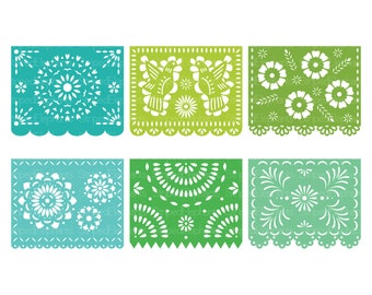 Papel Picado Clipart, SVG Cut Files, Printable Digital Mexican Banners - GREENS BLUES