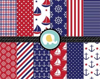 Red, White & Blue Nautical Digital Paper, nautical digital scrapbook paper, nautical digital background, Commercial Use