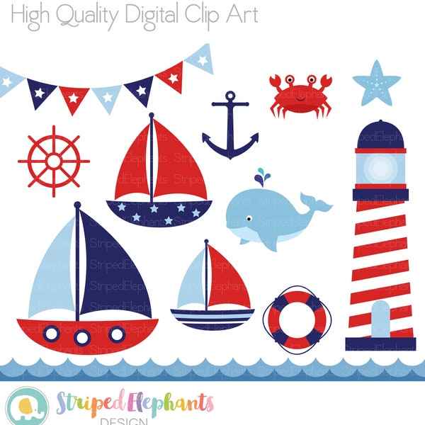 Nautical Clip Art - Sail Boat Clipart - Red and Navy - Instant Download