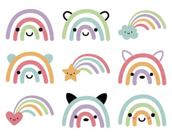 Kawaii Rainbow Clipart, Happy Rainbow Clipart, Boho Modern Rainbow, Over the Rainbow, Nordic Nursery, Instant Download, Commercial Use