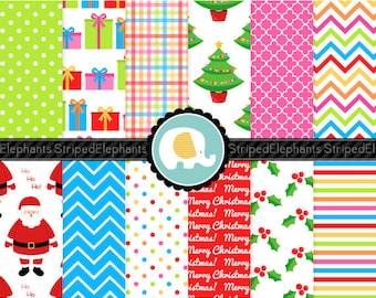 Colorful Christmas Digital Paper Pack, Christmas Digital Scrapbook Paper, Christmas Printable Paper, Commercial Use