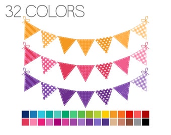 Colored Bunting Clip Art - Rainbow Bunting Flags Clipart, Banner Flags Rainbow Clipart, Commercial Use, Instant Download