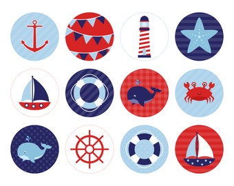 Nautical Digital Collage Sheets - 2 Inch Circle Images - Printable Cupcake Toppers - Instant Download - Commercial Use