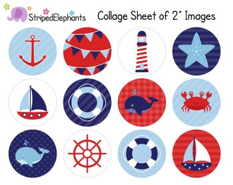 Nautical Digital Collage Sheets - 2 Inch Circle Images - Printable Cupcake Toppers - Instant Download - Commercial Use