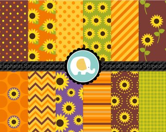 Sunflower Digital Papers, Sunflower Digital Scrapbook Paper, Fall Digital Paper, Autumn Digital Paper, Commercial Use