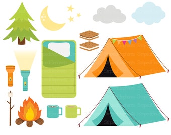 Camping Clip Art - Happy Camper - Tent Camp Fire Smores - Outdoor Camp Clipart - Lime, Teal and Orange - Instant Download - Commercial Use