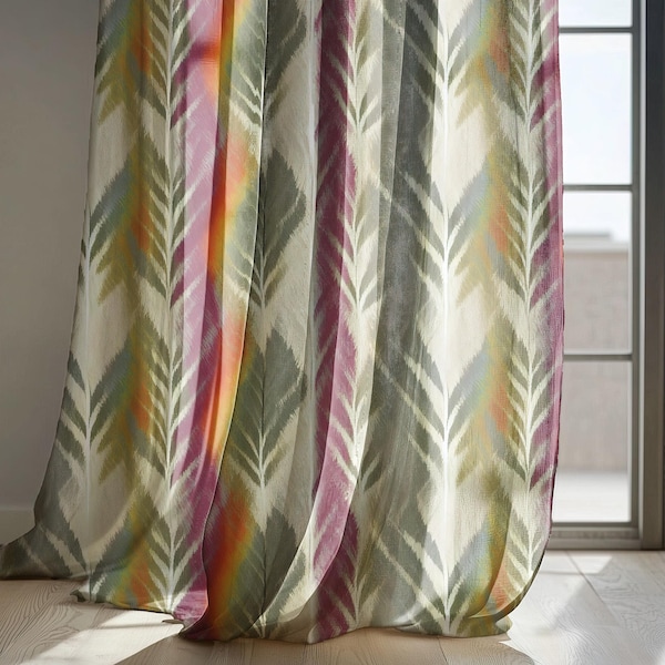 Beige Multicolor Ikat Style Pattern Linen Curtains, Bohemian & Eclectic Window Panel – Custom Size Drapes for Living Room