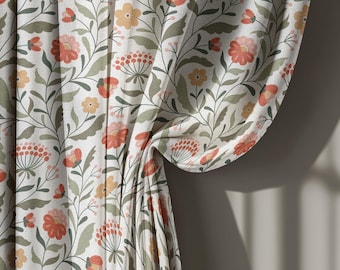 Cortinas de lino con estampado floral en tonos crema, verde y naranja: cortinas botánicas escandinavas para sala de estar, panel de ventana suave, tamaño personalizado.