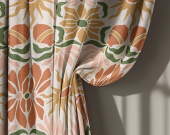 Orange Beige Floral Linen Curtains, Retro Geometric Pattern Drapes, Mid Century Living Room Window Curtain Panel Custom Size