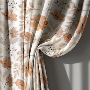Terracotta Floral Linen Curtains with Watercolor Flower Print, Rustic Botanical Drapes for Living Room – Custom Size Window Treatment