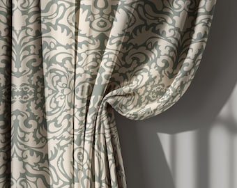 Cortinas de lino damasco verde y beige, estilo barroco vintage para sala de estar, opacas y a medida.