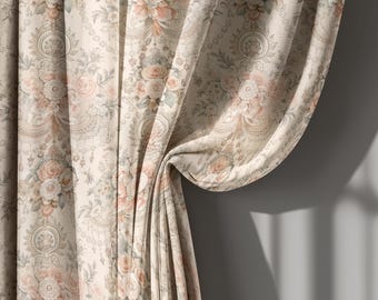 May include: Cream-colored floral curtains with a vintage aesthetic. The fabric features a repeating pattern of roses and other flowers in shades of peach, pink, and green. The curtains are draped, revealing the texture and design of the fabric.