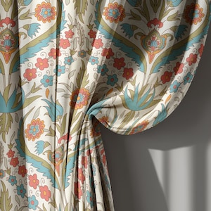 Blue and Red Floral Linen Curtains with Ottoman Motifs, Traditional Vintage Drapes for Living Room, Custom Size Window Panel, Rod Pocket