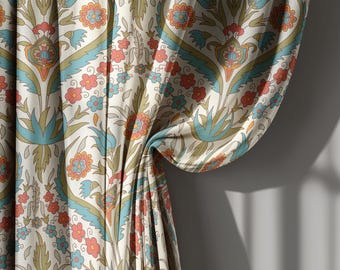Blue and Red Floral Linen Curtains with Ottoman Motifs, Traditional Vintage Drapes for Living Room, Custom Size Window Panel, Rod Pocket