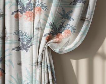 Cortinas de lino con diseño de velero costero en beige y azul, cortinas de palmeras con motivos náuticos y detalles en coral, paneles opacos de tamaño personalizado.
