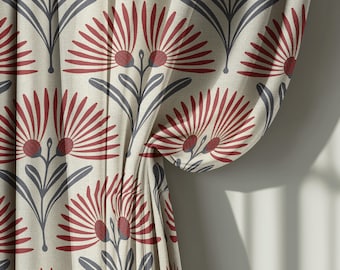 Red Botanical Linen Curtains,  Mid Century Modern Floral Window Panels, Scandinavian Retro Drapes, Custom Size Living Room Curtains
