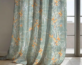 Light Teal Botanical Linen Curtains, Cottagecore Style Floral Drapes with Orange Berries – Vintage Natural Blackout Curtain, Custom Size