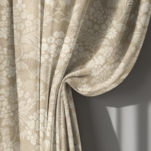 Beige and Cream Floral Curtains in Victorian Style, Elegant Botanical Linen Drapes for Living Room – Custom Size Panel, Window Treatment