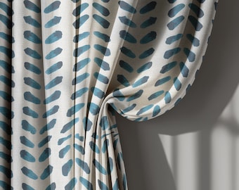 White and Blue Geometric Linen Curtains, Minimalist Modern Drapes for Living Room – Blackout Curtain, Custom Size Window Treatment
