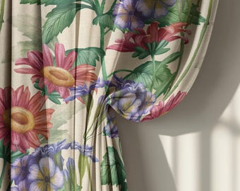 Cortinas de lino con estampado floral en tonos beige, rojo y azul, panel de cortina vintage con diseño botánico para sala de estar, cortinas decorativas estilo cabaña a medida.