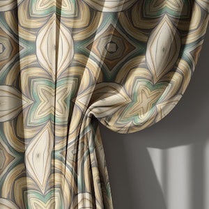 Yellow and Green Geometric Linen Curtains, Mid-Century Modern Drapes with Retro Woodgrain Pattern – Abstract Window Panel, Eclectic Style