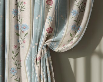 Vintage Floral Stripe Linen Curtains – Blue Cottage Garden Window Panels, Farmhouse Botanical Drapes for Bedroom, Custom Size Curtains