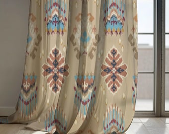 Beige and Blue Ikat Curtains, Linen curtains, Southwestern Boho Drapes for Living Room – Custom Size Window Treatment