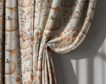 Cortinas de lino con diseño de calabaza otoñal, pájaros y hojas, cortinas rústicas de Acción de Gracias, tratamiento de ventana de estilo rústico otoñal, tamaño personalizado