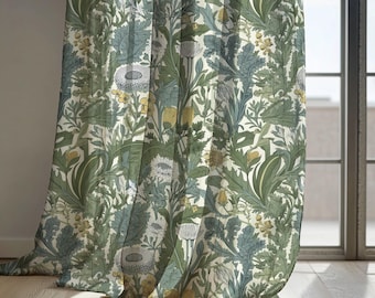 Cortinas de lino con estampado botánico en tonos beige y verde, estilo William Morris, cortinas florales vintage con detalles amarillos – Cortina opaca, tamaño personalizado.