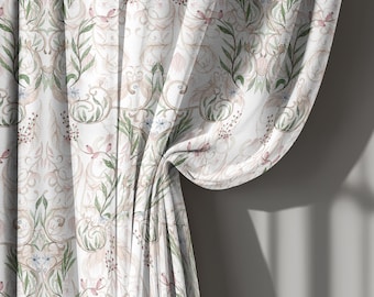 May include: White curtain with a repeating pattern of stylized leaves, flowers, and scrollwork in muted green, pink, and beige tones. The fabric is draped, showing folds and shadows, suggesting a light, airy material.