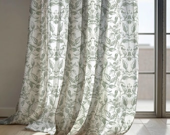 Beige and Green Leaf Linen Curtains, Minimalist Botanical Drapes in Vintage Style – Custom Size Blackout Curtain for Living Room