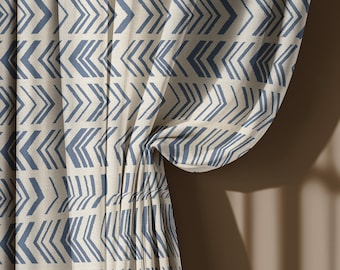 Beige and Navy Southwestern Linen Curtains, Tribal Geometric Arrow Pattern Drapes – Blackout Curtain, Custom Size Window Panels